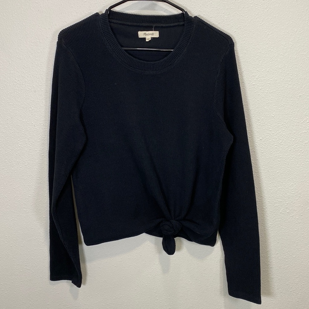 Madewell black ribbed long‎ sleeve top bottom tie